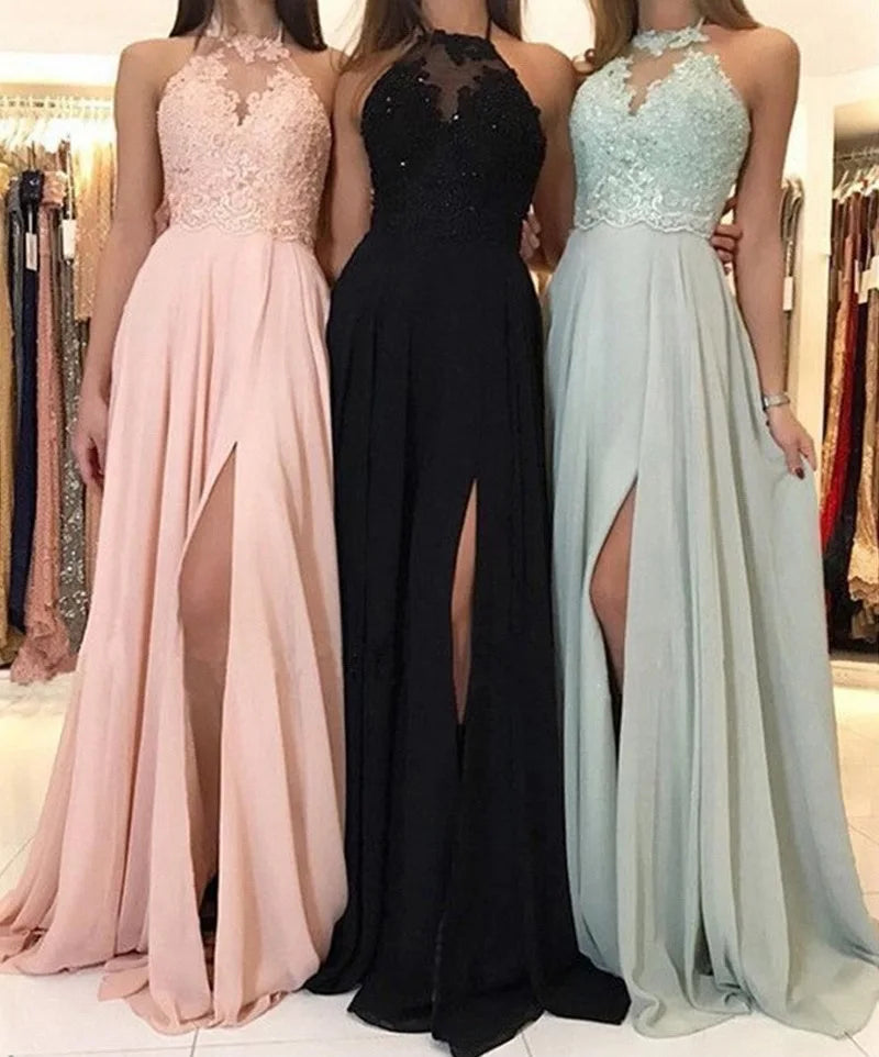Dress Women Wedding Sexy Halter Lace Floral Sleeveless High Waist Evening Long Dresses Gown Vestidos Slim Fit Elegant 2024