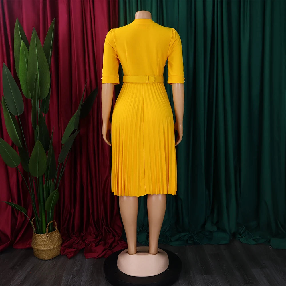 Elegant Office Pleated Dresses for Woman 2024 O Neck Buttons Belt Waisted Mid Calf Fashion Female Business Work Wear Dress Midi