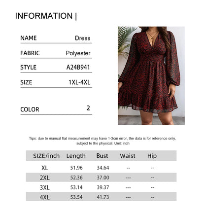Plus Size 2025 Spring Summer New Women's Sheer Jaguar Printed Double Layers Long Sleeve Dress Polyester Material