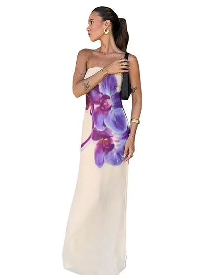 Spring/Summer Fashion Floral Print Bustier Dress Elegant Sleeveless Backless Loose A-Line Skirt Women's Casual Comfortable Dress