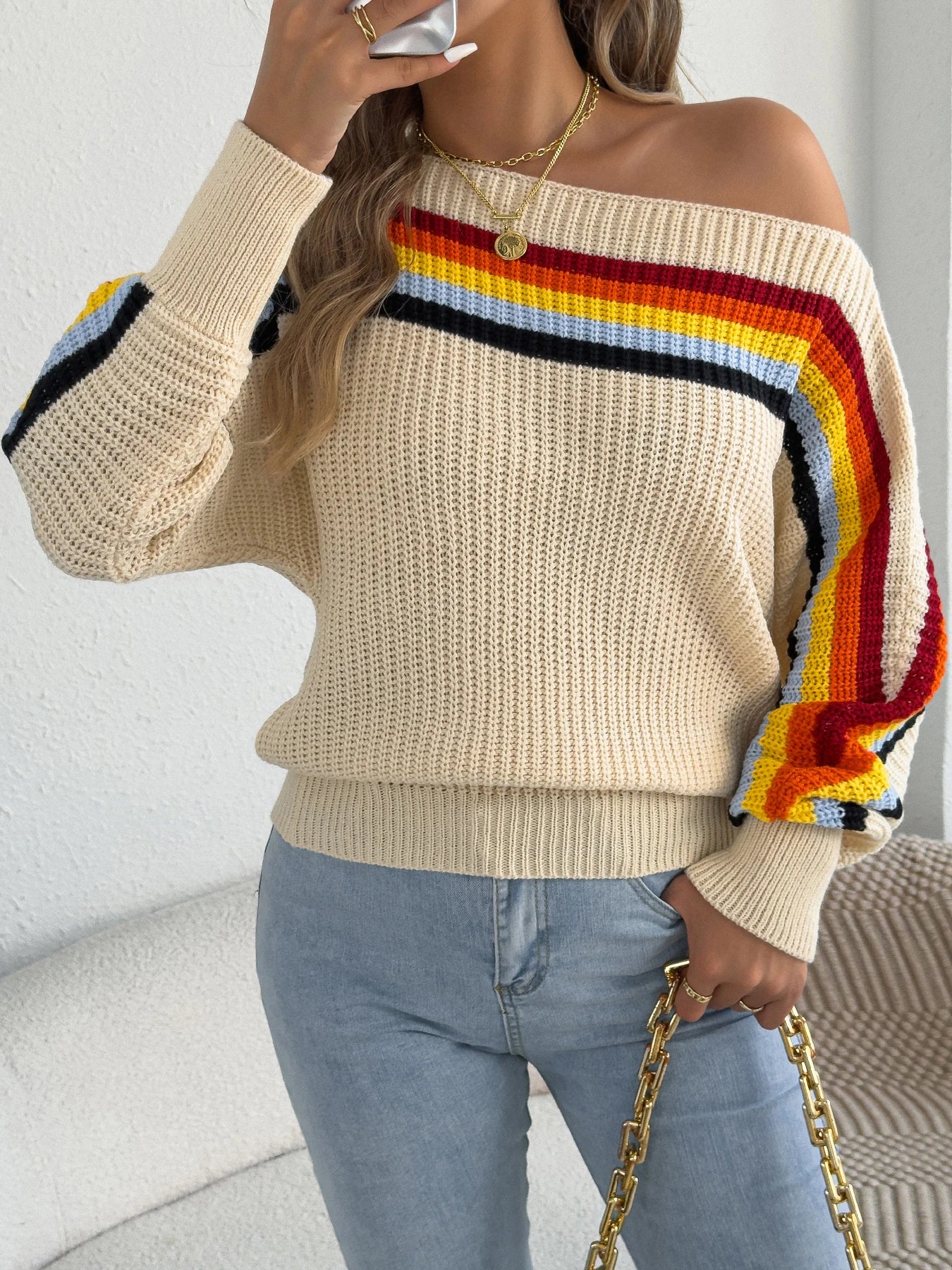 2025 Fashion Contrast Color Striped Sweaters Women Autumn Winter Casual Round Neck Lantern Long Sleeve Knitted Pullover