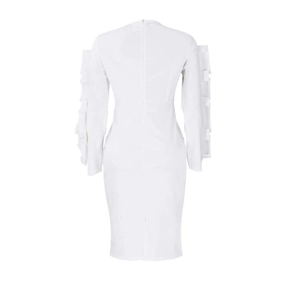 Elegant Office Dresses for Woman 2024 New O Neck Petal Sleeve Sheath Package Hips Mid Calf Formal Business Work Wear Dress Midi