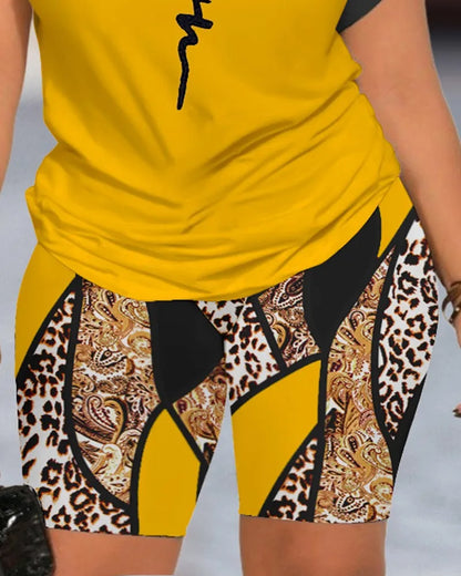 Two Piece Short Sets Print Letter Round  Neck T Shirts High Waist Pants Splice Tops Pullover Summer Ladies Beach Style