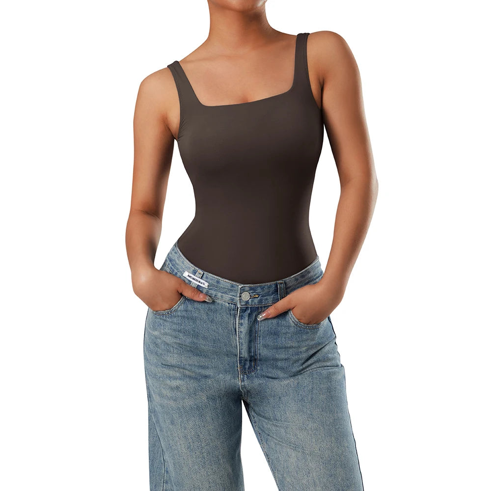 Bodysuits Women Sexy Body Suit One-Piece Romper Solid Sexy Sleeveless Square Neck Padded Tank Tops Jumpsuit Streewear Ladies
