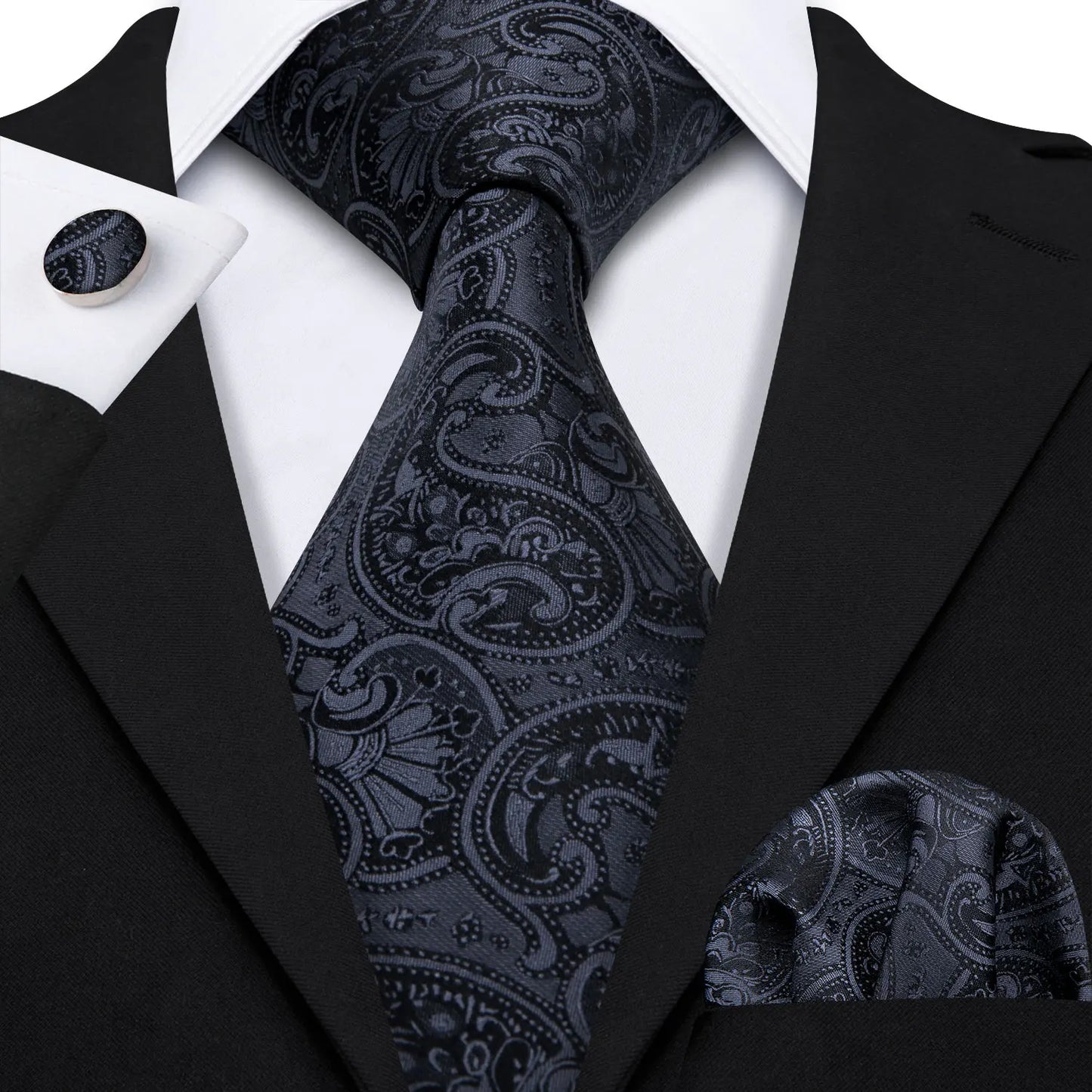 Barry.Wang Black White Gray Silver Silk Men Tie Handkerchief Cufflinks Set Jacquard Necktie for Male Wedding Business Party Gift