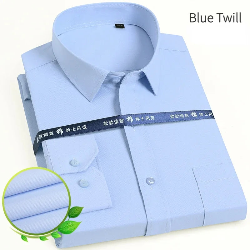 2024 Twill or Plain Office Social Shirt Men's Classic Long Sleeve Solid Basic Dress Shirts Single Patch Pocket Plus Oversize