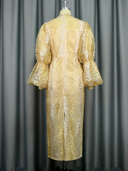 Gold Embroidery Sequin Dresses for Women Stand Collar Cute Puff Long Sleeve Luxury Midi Dress Modest Chic 2025 Party Event Gowns