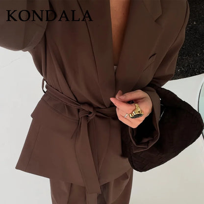 KONDALA 2026 Spring Office Lady Elegant Brown Women Suit Fashion Casual Sashes Oversized Shrug Blazer Chic Zipper Long Pant