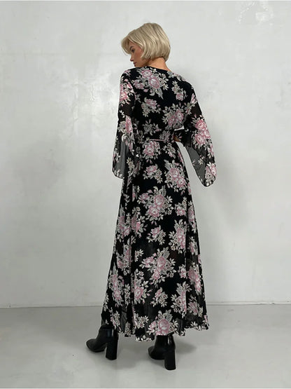 Elegant Bodycon Chiffon Maxi Dress Women Bandage Sexy Side Slit Beach Dress White Pink Floral Summer Long Dresses For Women 2024