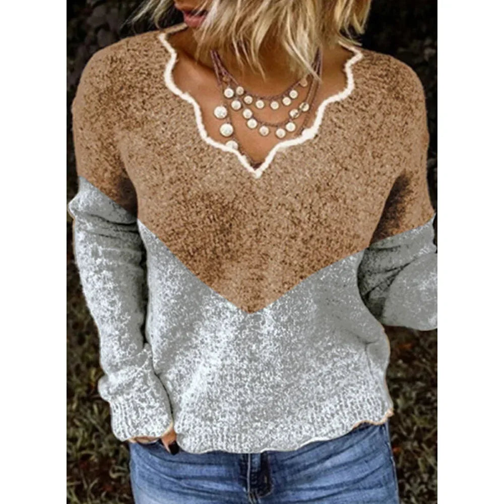 ALLUKASA 2025  Autumn Winter Women's Solid Color Long Sleeved V-neck Knitted Cute Pullover Sweater Loose