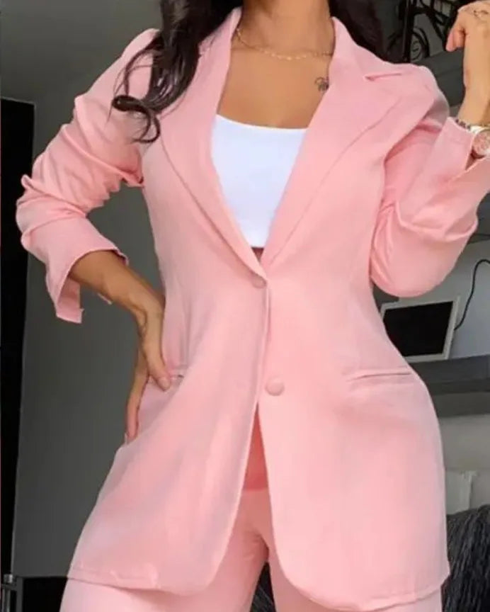 2024 European and American Women's Clothing Temperament Elegant Solid Color Split Sleeve Lapel Suit Pocket Straight Pants Suit