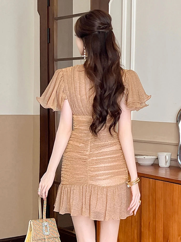 New Elegant Vintage Gold Bright Silk Evening Dress Women Clothes Ruffle V-Neck Folds Slim Short Party Birthday Vestidos Fiesta