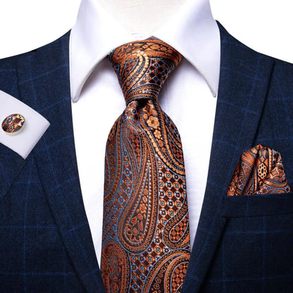 Hi-Tie Paisley Brown Tie For Men Elegant Mens Necktie Pocket Square Cufflink Groom Wedding Accessory Wholesale New Designer