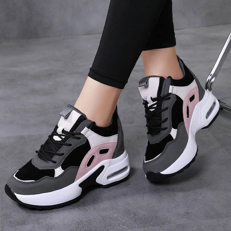 Women Air Cushion Shoes Casual Sport Sneakers Height Increase Black Grey Walking Shoes Fashion Lace-up Shoes