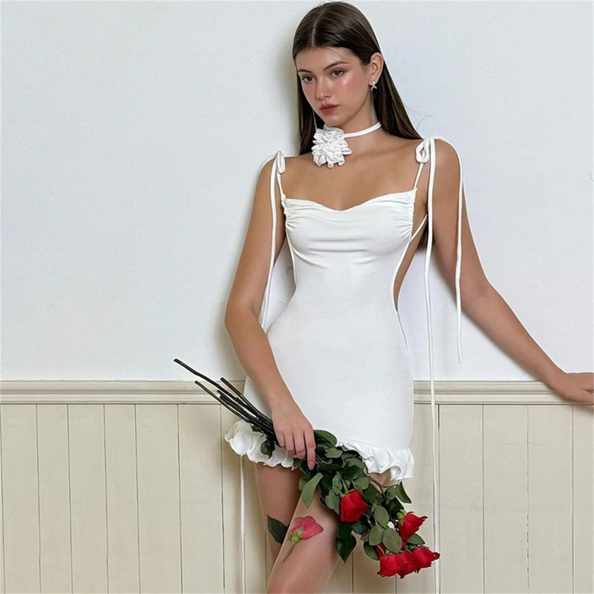 2024 European and American New High end Y2K Sexy Open Back Lace up Slim Fit Spicy Girl Short Skirt Summer Party Club Mini Dress