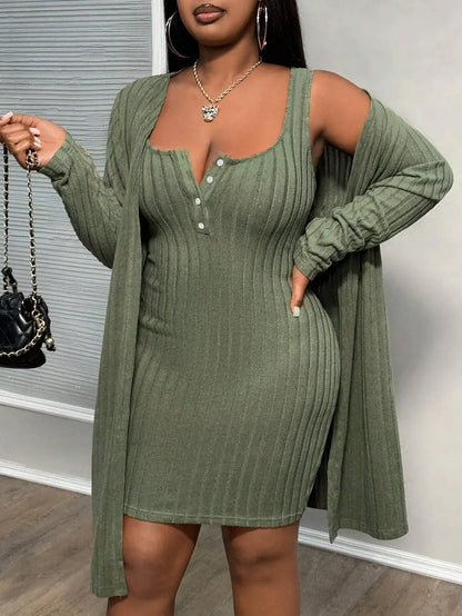 Plus Size Ribbed Elegant Two Piece Set Dress Women Solid Mini Dress Female Casual Long Coat 2024 Autumn Large Size Matching Set