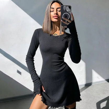 Spring Elegant Pretty Women Dresses New Black Sexy Short Dress Female V Neck Long Sleeve Slim Solid Color Mini Dress