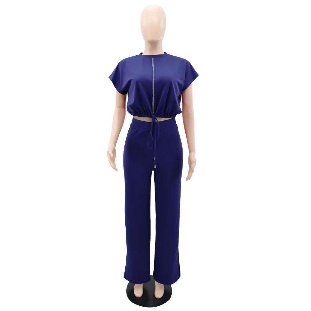 Women Casual Round Neck Drawstring Short Sleeve Top & High Waist Pants Set Summer Solid Two Piece Suit Sets Outfits Set Female