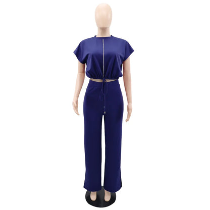 Women Casual Round Neck Drawstring Short Sleeve Top & High Waist Pants Set Summer Solid Two Piece Suit Sets Outfits Set Female