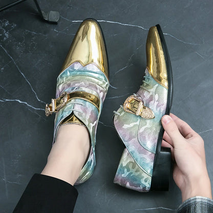 New Men's Pointed Gold Fold Patchwork Loafter Patent Leather Casual Shoes Male Formal Wedding Dress Homecoming Zapatos Hombre