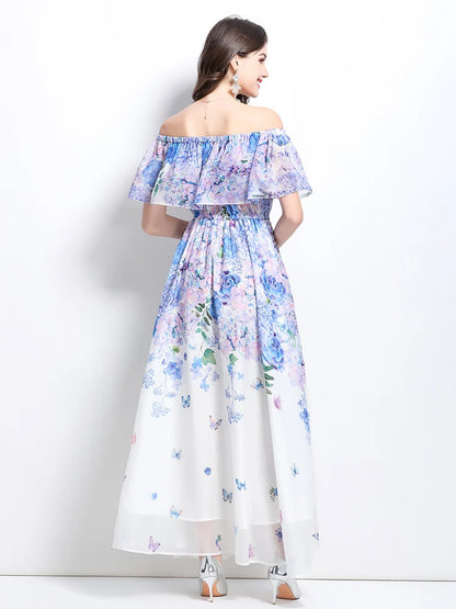 Summer French Floral Chiffon Dress Women Off Shoulder Slim High Quality Sheer Elastic Spring Vacation Print Ruffles Long Dresses