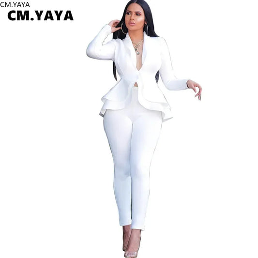 Women Winter Women's Set Full Sleeve Ruffles Blazer & Pencil Pants Suit (2pc Set)