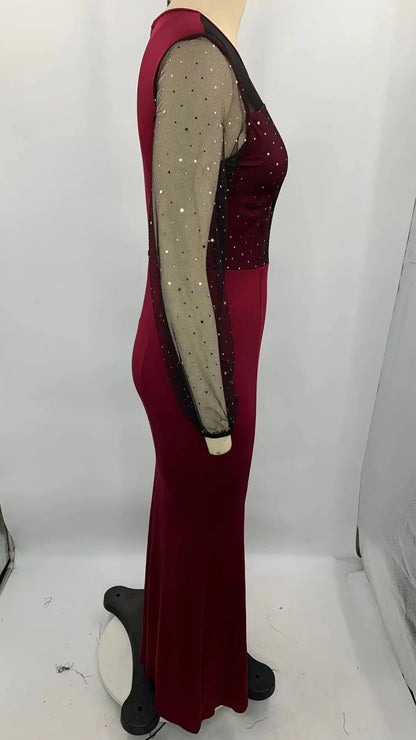 Mesh Patchwork Dress Womens Fashion Round Neck Long Sleeve Slim Elegant Dress Women