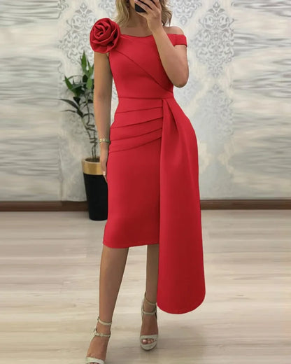 Spring Women Evening Dress Sexy Off The Shoulder 3D Rose Flowers Detail Shirr Asymmetrical Hem Party Dress