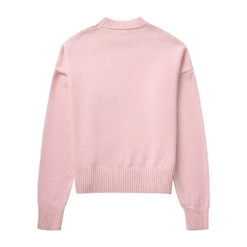 Pink Sweet Autumn Winter Women Warm Knitted Jumper New Round Neck Pullover Tops Loose Casual Long-sleeved Bottomed Sweater Women