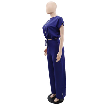 Women Casual Round Neck Drawstring Short Sleeve Top & High Waist Pants Set Summer Solid Two Piece Suit Sets Outfits Set Female