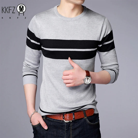 New Men's Casual Long Sleeved Striped Round Neck Knitted Sweater Comfortable Fashionable Breathable and Versatile Top