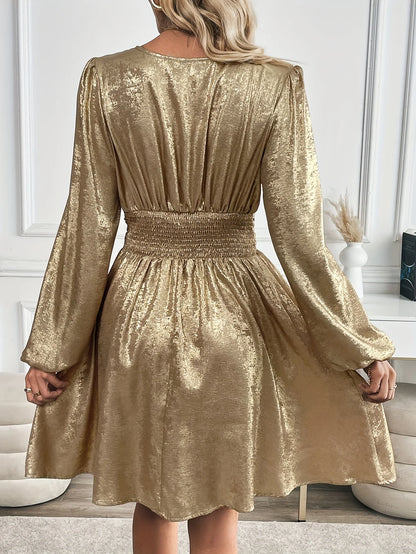 Spring Autumn Elegant Women Gold A Line Dress Casual Party Luxury V Neck Dresses