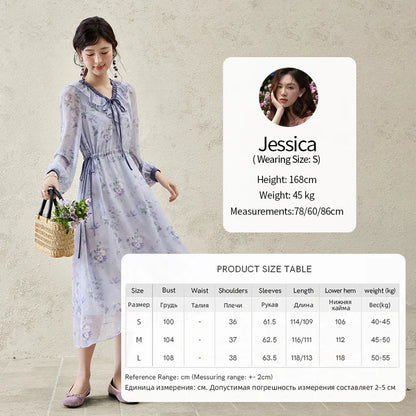 MISHOW Print Spring Summer Dress for Women New 2025 Ruffled V-neck Long Sleeve Blue French Dresses Female Fashion MXE15L2139