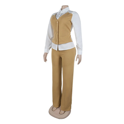 HLJ Elegant Lady Patchwork Shirts Two Piece Sets Women Lapel Long Sleeve Button Top And Pants Outfits Autumn OL 2pcs Clothing