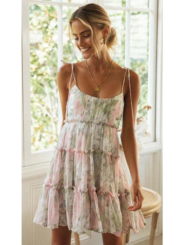 Spring Summer Print Floral Dress for Women Chiffon Strapless Sleeve Backless Ruffles Mini Dress Chic Lady Beach Vacation 2025 Fa