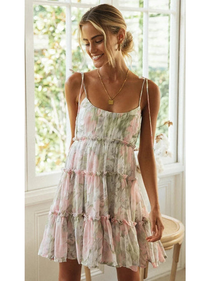 Spring Summer Print Floral Dress for Women Chiffon Strapless Sleeve Backless Ruffles Mini Dress Chic Lady Beach Vacation 2025 Fa