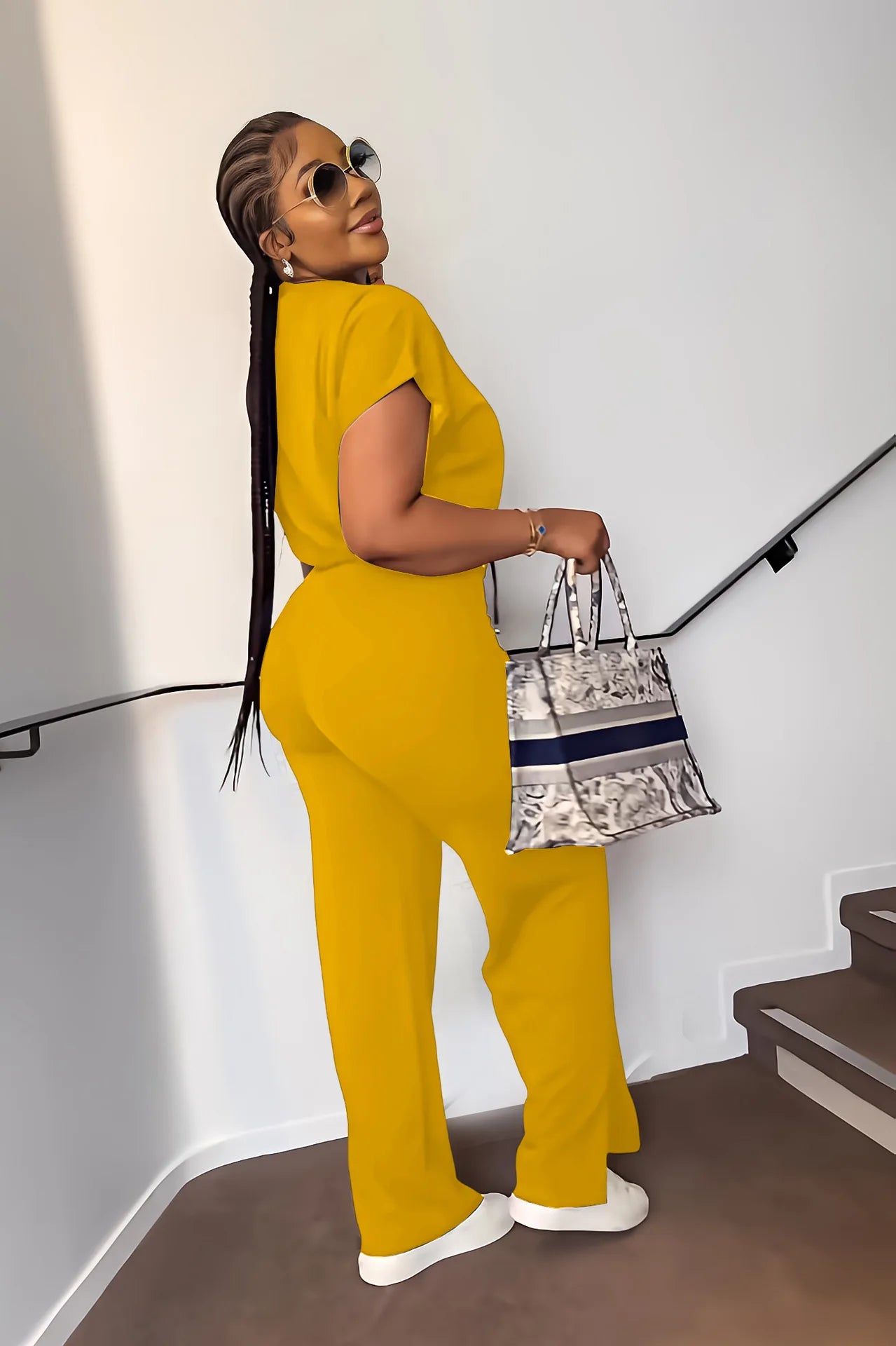 Women Casual Round Neck Drawstring Short Sleeve Top & High Waist Pants Set Summer Solid Two Piece Suit Sets Outfits Set Female