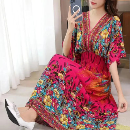 Spring New In Women's Dress V-Neck Short Sleeve Dress Elegant Sweet Print Dress Casual Retro Boho Elastic Waist A-Line Dress