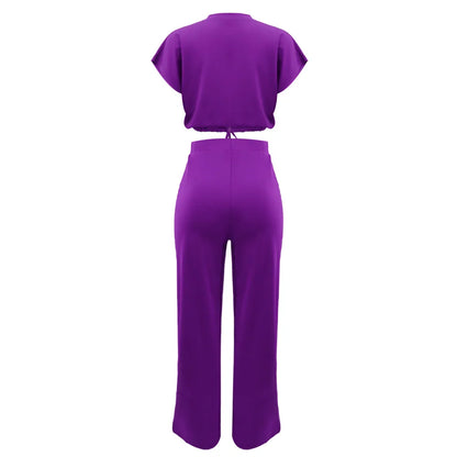 Women Casual Round Neck Drawstring Short Sleeve Top & High Waist Pants Set Summer Solid Two Piece Suit Sets Outfits Set Female