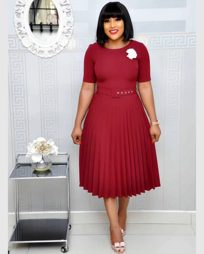 Summer Plus Size Pleated S-5Xl Dress Ladies O-Neck Short Sleeve Solid With Belt Mid-Calf Office Lady Elegant Dresses For Women