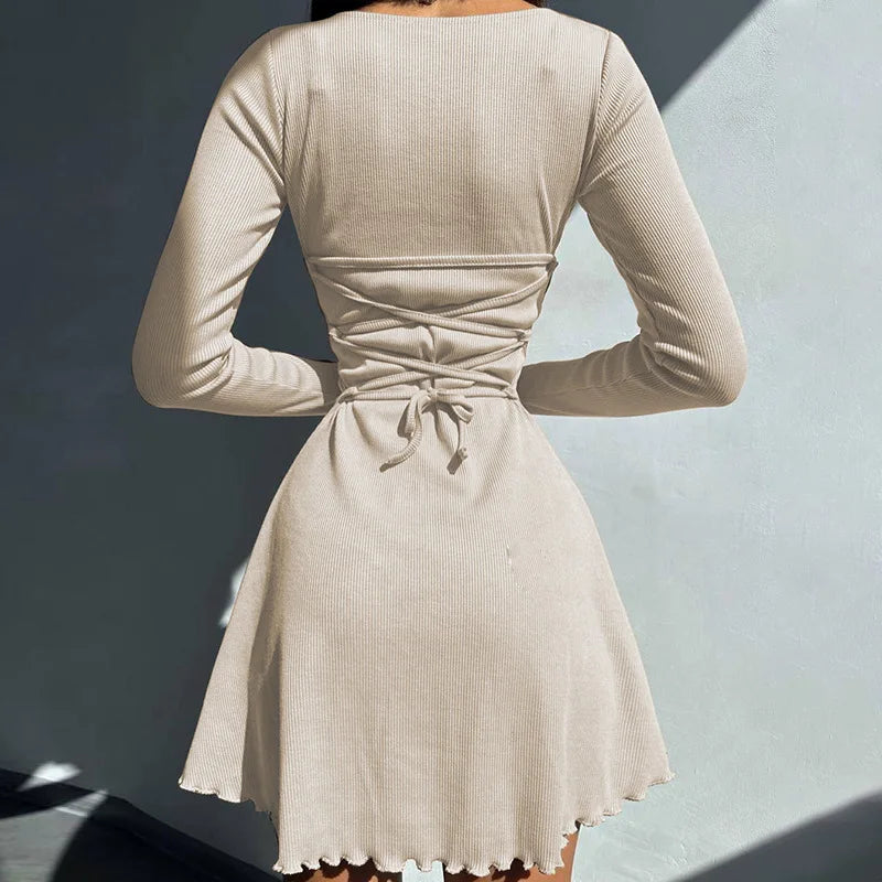 Spring Elegant Pretty Women Dresses New Black Sexy Short Dress Female V Neck Long Sleeve Slim Solid Color Mini Dress
