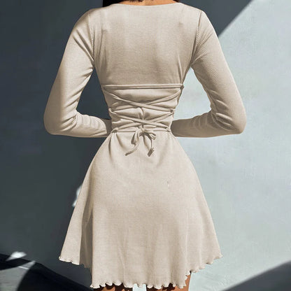 Spring Elegant Pretty Women Dresses New Black Sexy Short Dress Female V Neck Long Sleeve Slim Solid Color Mini Dress