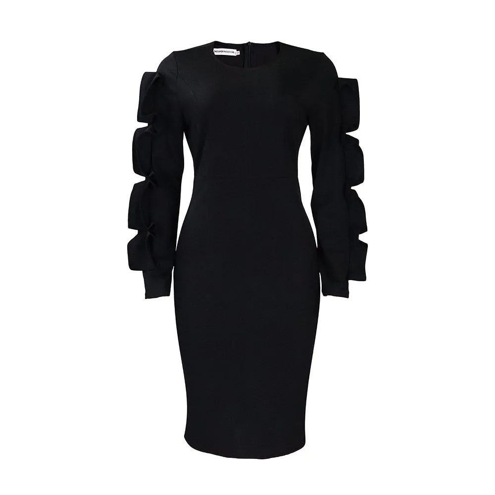 Elegant Office Dresses for Woman 2024 New O Neck Petal Sleeve Sheath Package Hips Mid Calf Formal Business Work Wear Dress Midi