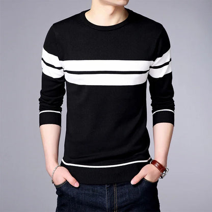 New Men's Casual Long Sleeved Striped Round Neck Knitted Sweater Comfortable Fashionable Breathable and Versatile Top