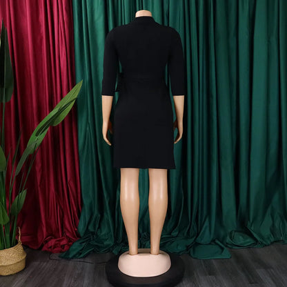 FairyShely 2025 Summer Solid Plus Size Folds Dress Women Long Sleeve Large Big Dresses Lady Belt Party Tight Curvy Short Dress