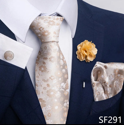 Luxury Mens Ties Floral Black Gold Ties Paisley NeckTie Pocket Square Cufflinks Brooch Set Men's Wedding Party Tie
