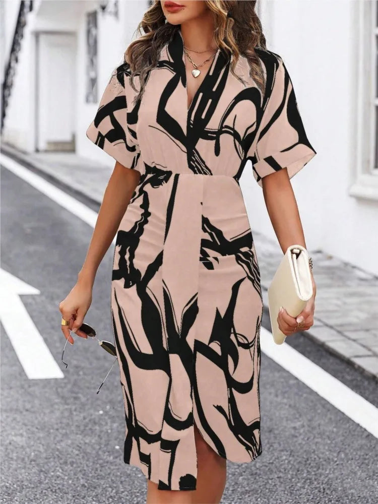 Casual Dresses For Women Summer Fashion Short Sleeve V-Neck Elegant Pullover Printed Women's High Waist Irregular Split Dress