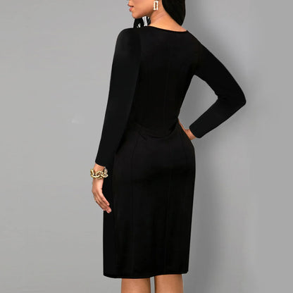 Plus Size Elegant Zipper PU Leather V-Neck Midi Long Sleeve Bodycon Dress Women's plus Size Dress Fashionable Cross-Border Gown