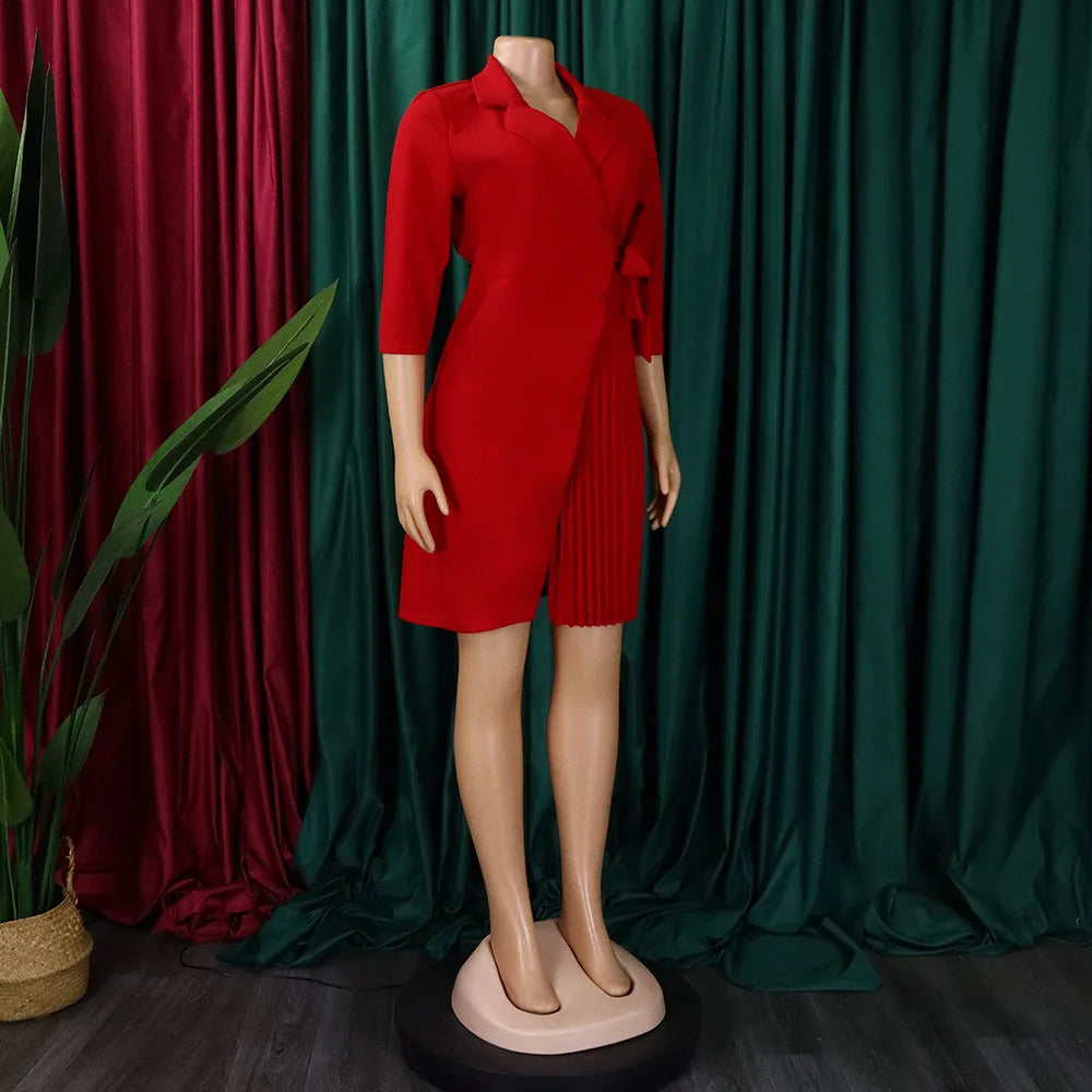 FairyShely 2025 Summer Solid Plus Size Folds Dress Women Long Sleeve Large Big Dresses Lady Belt Party Tight Curvy Short Dress