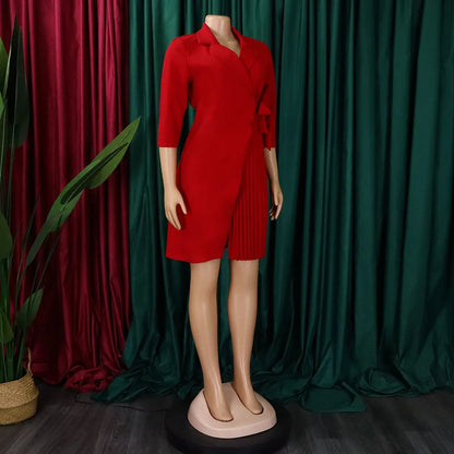 FairyShely 2025 Summer Solid Plus Size Folds Dress Women Long Sleeve Large Big Dresses Lady Belt Party Tight Curvy Short Dress